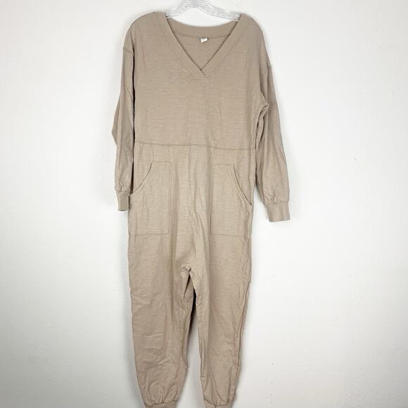 Caracilia‎ Jumpsuit Womens Small Lagenlook Relaxed Slub Rayon Pockets Beige S - Picture 1 of 13